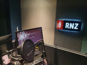 Radio NZ studio showing sign and microphone