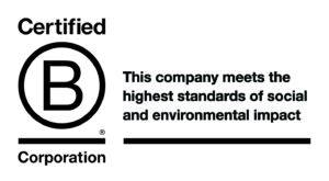 B Corp logo and tagline saying This Company meets the highest standards of social and environmental impact