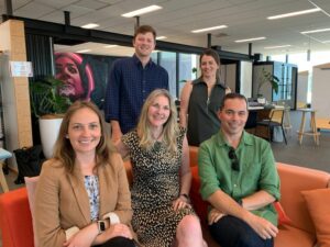 GoodSense founder Katherine Dewar and Brightly founder Mike Carroll at B Local Auckland B Corp event organising meeting with L to R Victoria Torcelli - Unilever and Nicholas Greenslade - CarbonClick and Nikki Goodson - Brightly
