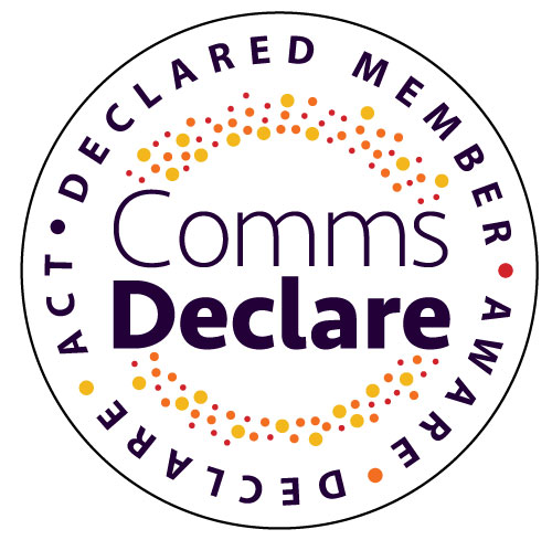 White logo with purple text that reads Comms Declare Aware - Act - Declare with orange and red dots circling