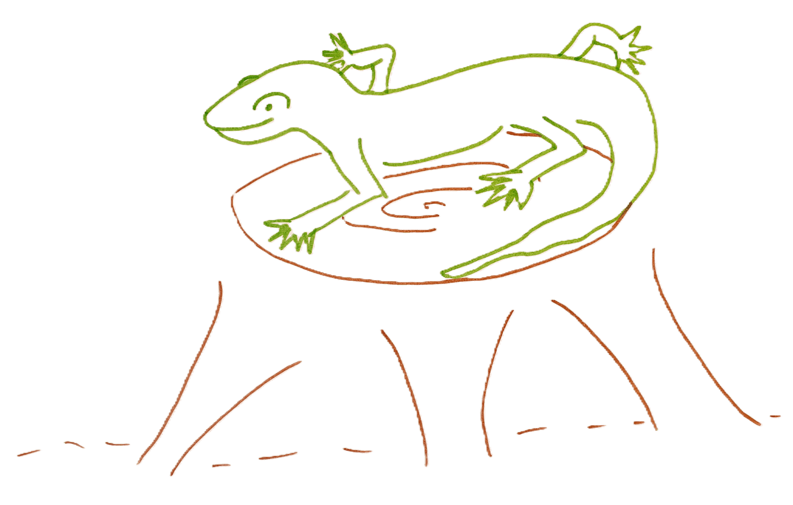 A line drawing of a green gecko on a brown stump with three roots - visual metaphor for communications planning by GoodSense