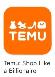 Temu logo in white on orange background with text shop like a billionaire below