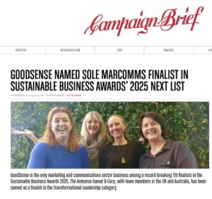 Campaign Brief press clipping showing image of four GoodSense team members smiling, the masthead and 'GoodSense named finalist' headline